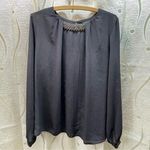 Chic Black Women's Blouse with Beaded Neckline